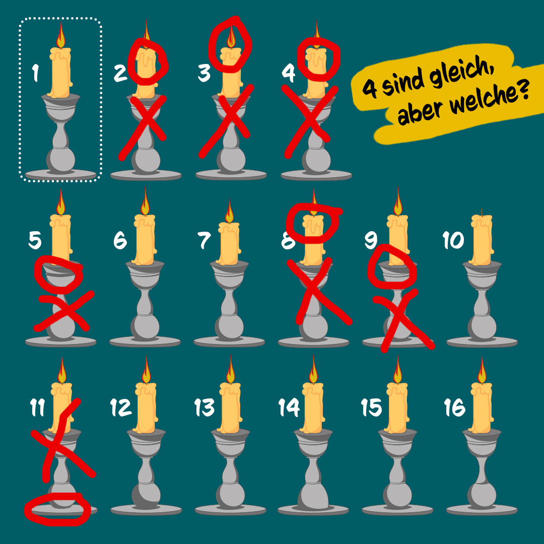 4 Kerzen sind gleich, aber welche? Hinweis