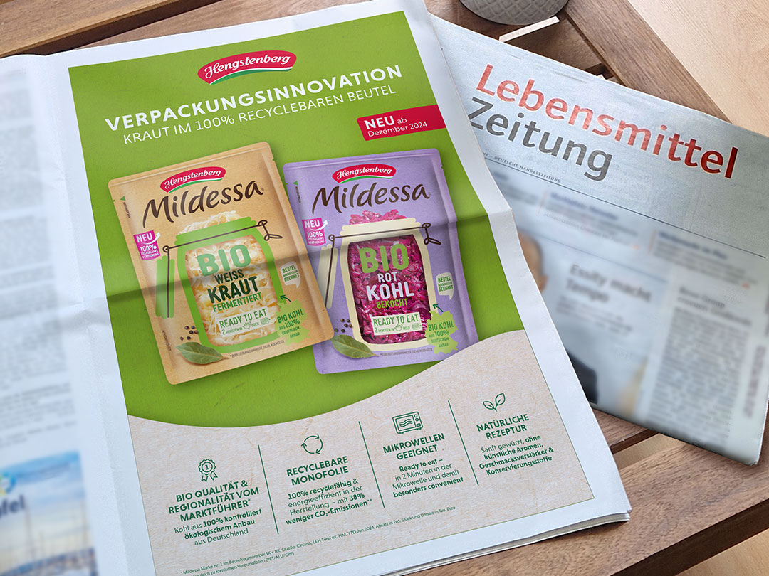 Anzeige Monobeutel in der Lebensmittel Zeitung – Gestaltung und Abwicklung durch ehrlestudio Ganzseitige Anzeige in der Lebensmittel Zeitung zur Einführung der recyclebaren Monobeutel von Hengstenberg für Sauerkraut und Rotkohl