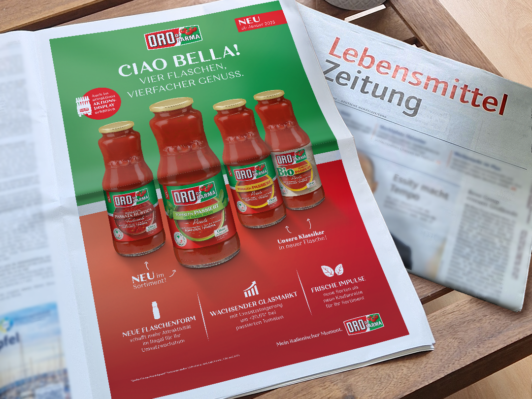 ORO di Parma präsentiert vier Sorten Tomatenpassata in neuer, nachhaltiger Glasflasche – italienischer Genuss in modernem Design.