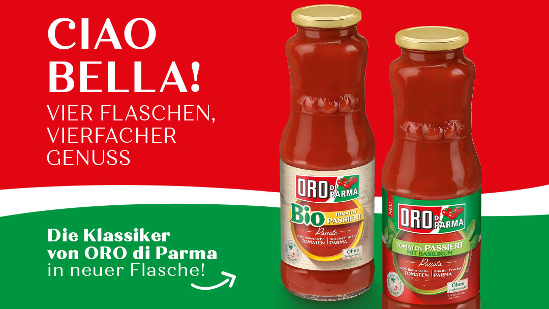 Zwei Flaschen ORO di Parma Tomatenpassata in neuer Glasverpackung – italienischer Genuss mit nachhaltigem Design.