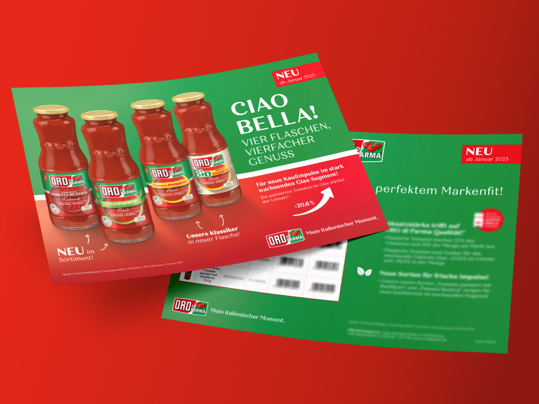 Werbefolder von ORO di Parma mit neuen Tomatenpassata-Flaschen im Glas – Präsentation der Sorten und Verkaufsimpulse ab Januar 2025.
