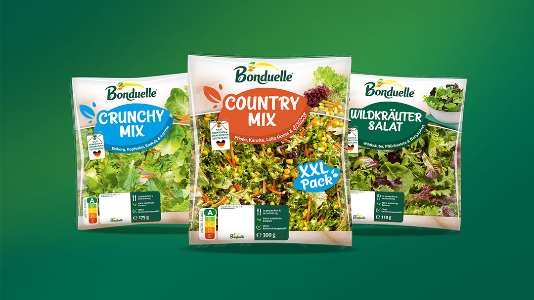 Hero-Produktbild der wichtigsten Salatmischungen der Bonduelle-Marke im neuen Packaging Design.