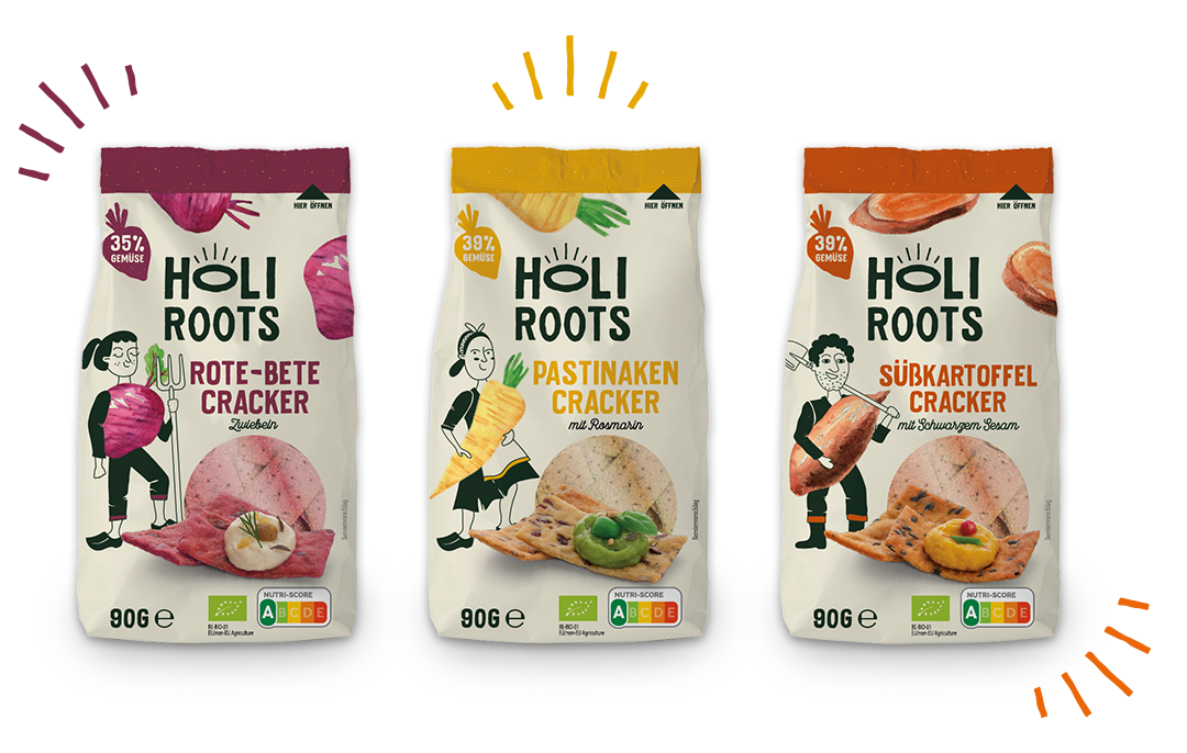 Holiroots Bio-Gemüse-Cracker und Knäckebrote – Produktdarstellung im neuen Webauftritt von ehrle studio.