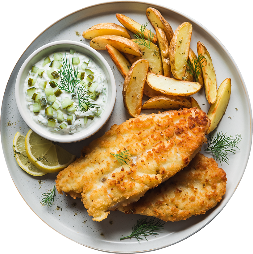 Knusprige Fischfilets mit Kartoffelspalten und Essiggurken-Dip – Rezept & Game der Woche KW09.