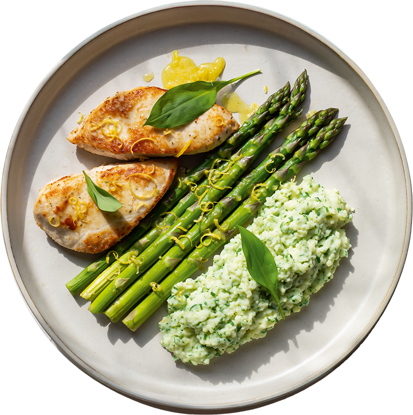 ­Hähnchenfilet mit Zitronen-­Spargel & 
Bärlauch­kartoffeln
