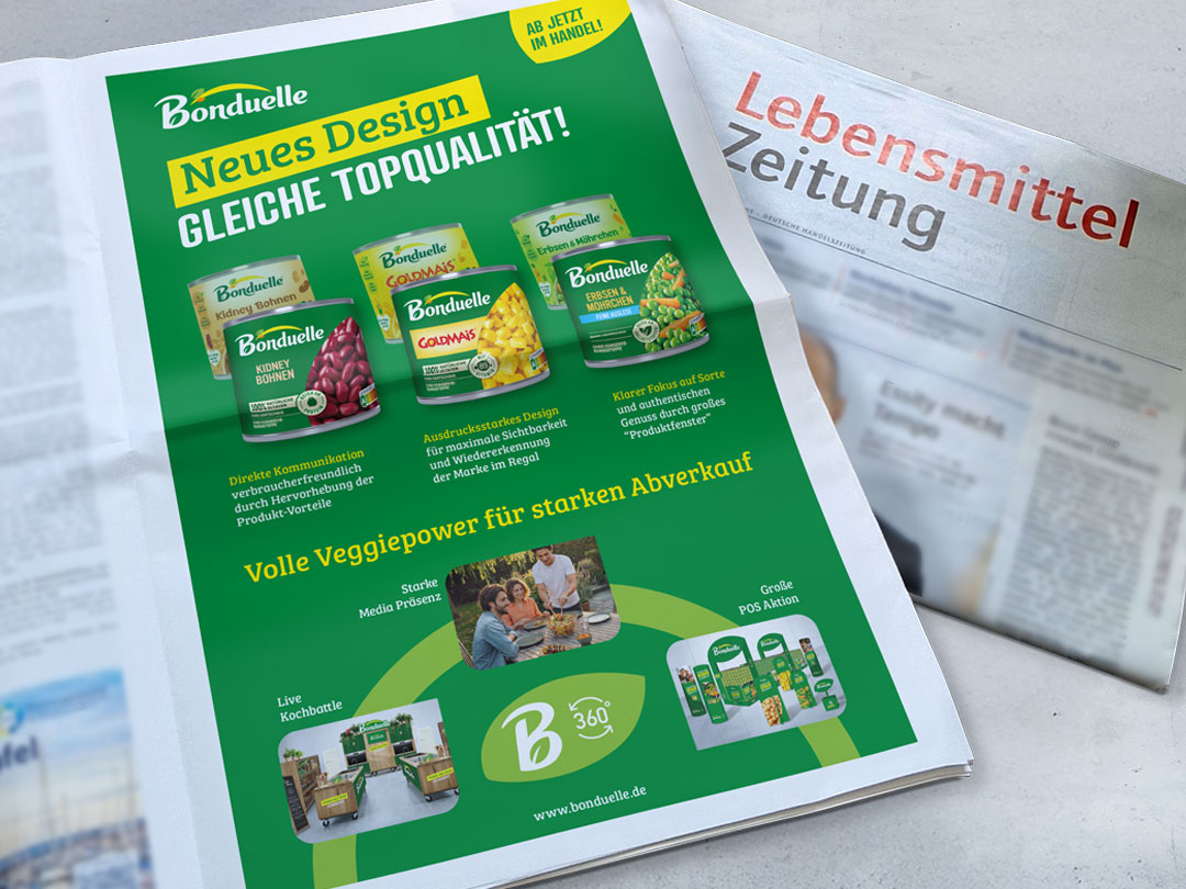 Bonduelle Anzeige der Lebensmittelzeitung zum Relaunch mit neuem Design und Produktübersicht
