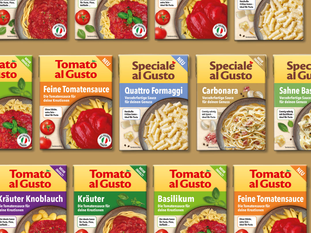Übersicht mit Tomato al Gusto und Speciale al Gusto 3D Simulation/Mockup von Verpackungen, von der Werbeagentur ehrle studio erstellt