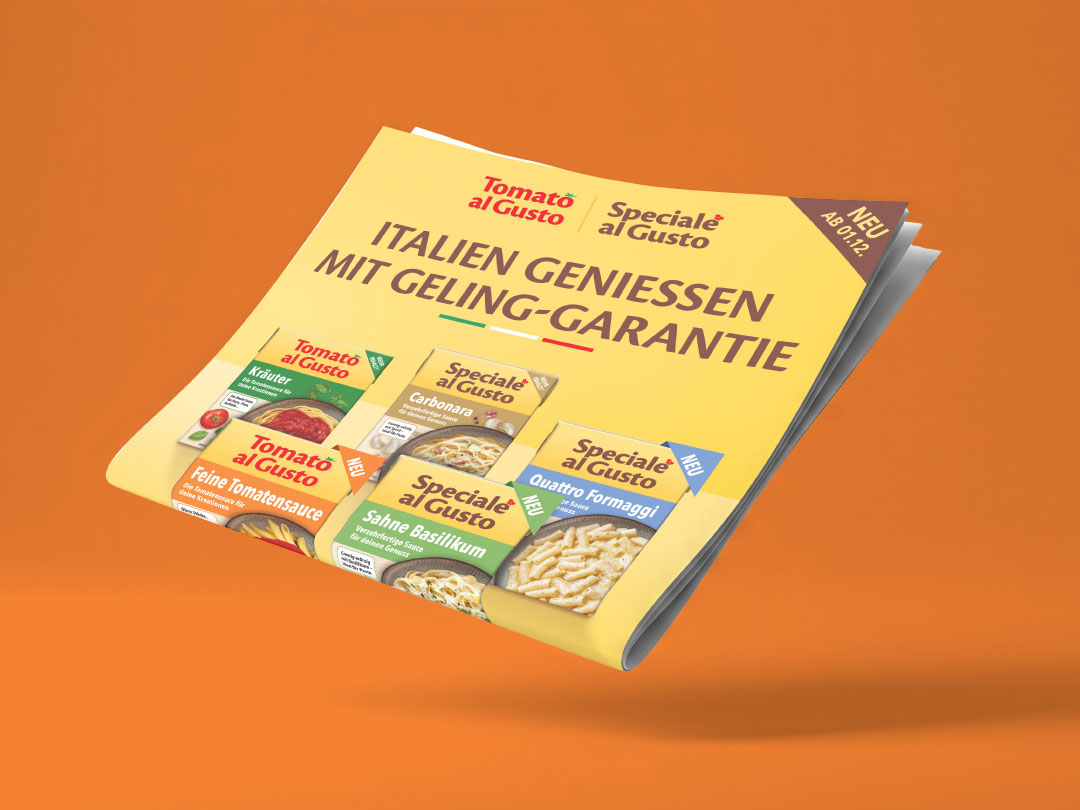 Zeitungsanzeige von Tomato al Gusto und Speciale al Gusto in der Lebensmittelzeitung, von der Werbeagentur ehrle studio erstellt