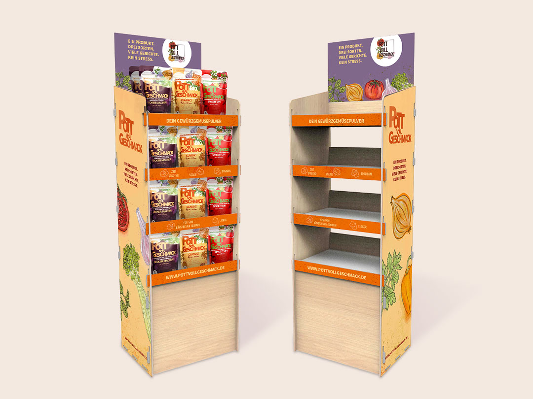 bedruckter Verkaufsdisplay aus Holz für einen Messestand von Pott voll Geschmack, von der Werbeagentur ehrle studio erstellt