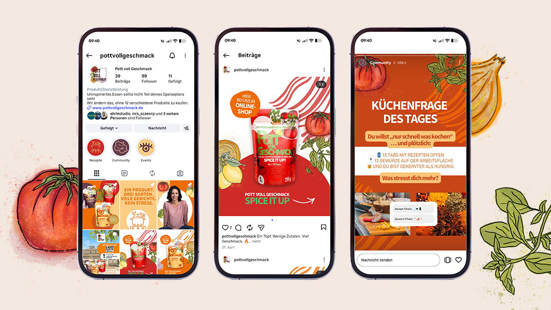 Social Media Auftritt für Pott voll Geschmack mit Feed, Beitrag und Story für Instagram, von der Werbeagentur ehrle studio erstellt