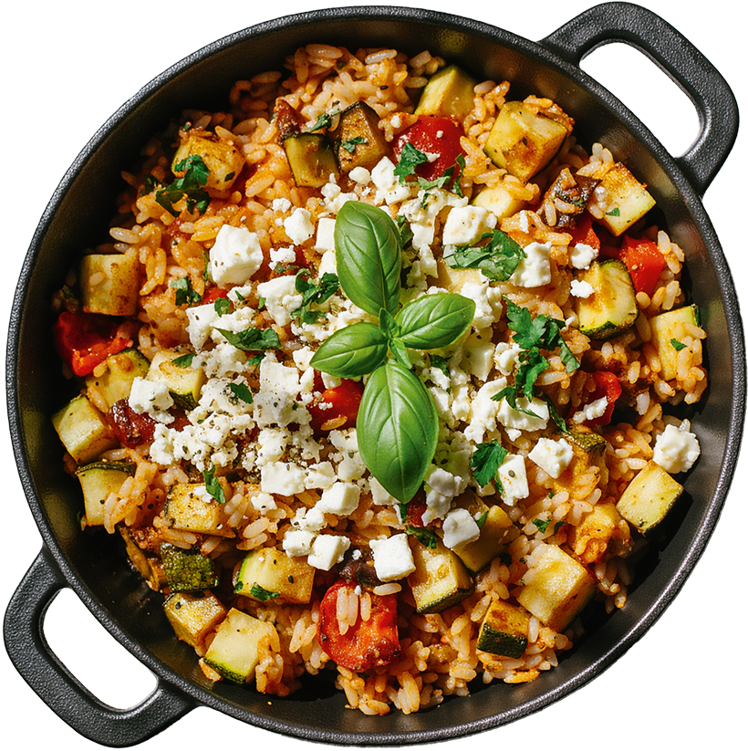 Gemüse-Reispfanne mit Reis, gebratener Zucchini, Paprika und würzigem Feta, garniert mit frischem Basilikum.