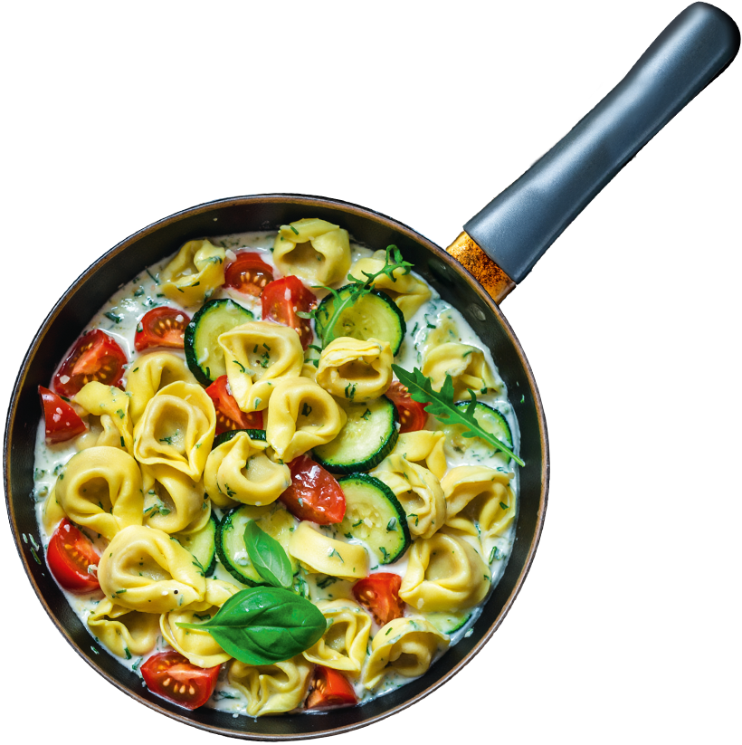 Sommerliche Tortellini-Gemüsepfanne mit Zucchini, Tomaten und cremiger Sauce als Rezept der Woche für KW 28