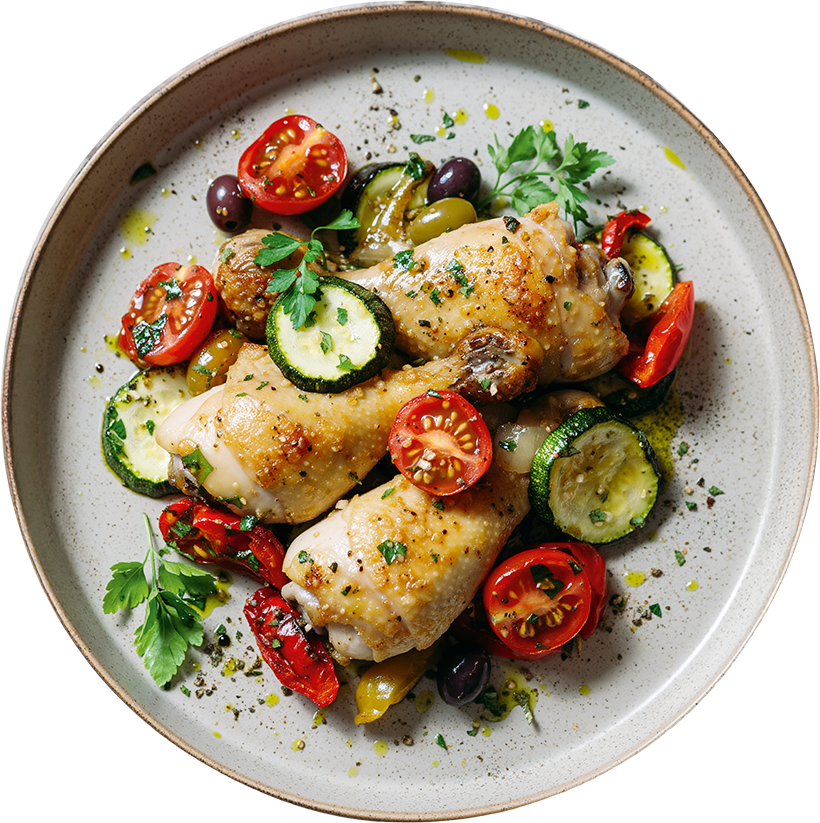 Gebratene Hähnchenschenkel mit mediterranem Gemüse aus Zucchini, Cherrytomaten, Paprika und Oliven auf einem Teller angerichtet.