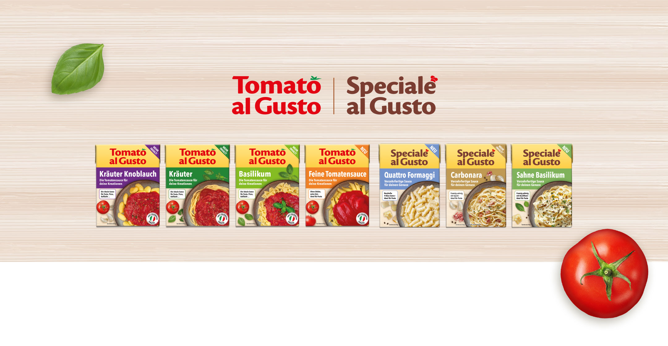 Header von Packshots mit Tomato al Gusto und Speciale al Gusto von der Werbeagentur ehrle studio erstellt