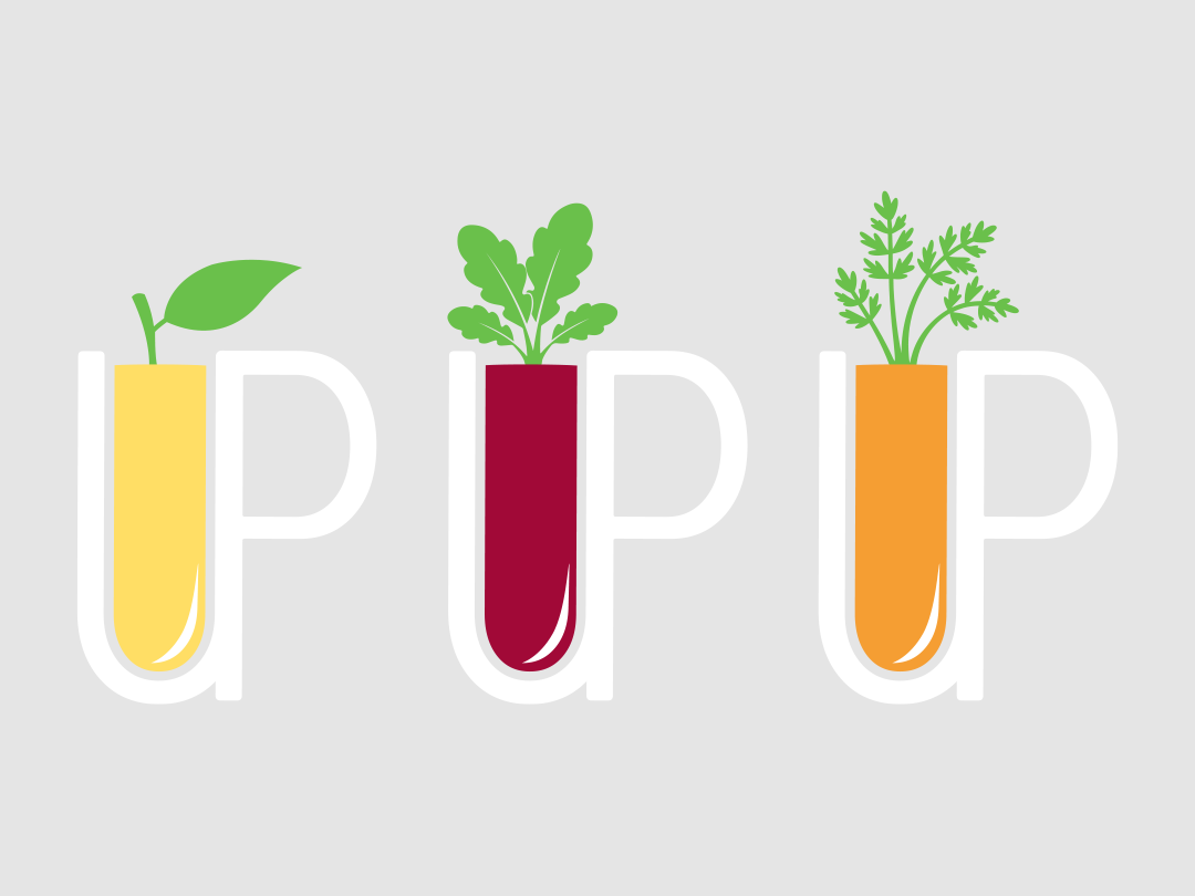 Icon-Illustration der drei Your Daily Needs Säfte Kick up, Beet up und Glow up als stilisierte Trinkgläser mit Apfel-, Rote-Bete- und Karottengrün