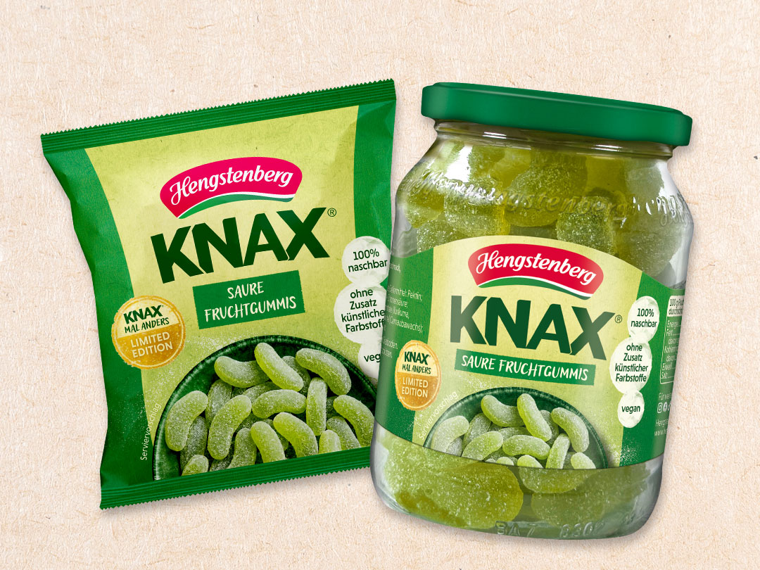 Hengstenberg Knax saure Fruchtgummis als Tüte und im Glas nebeneinander