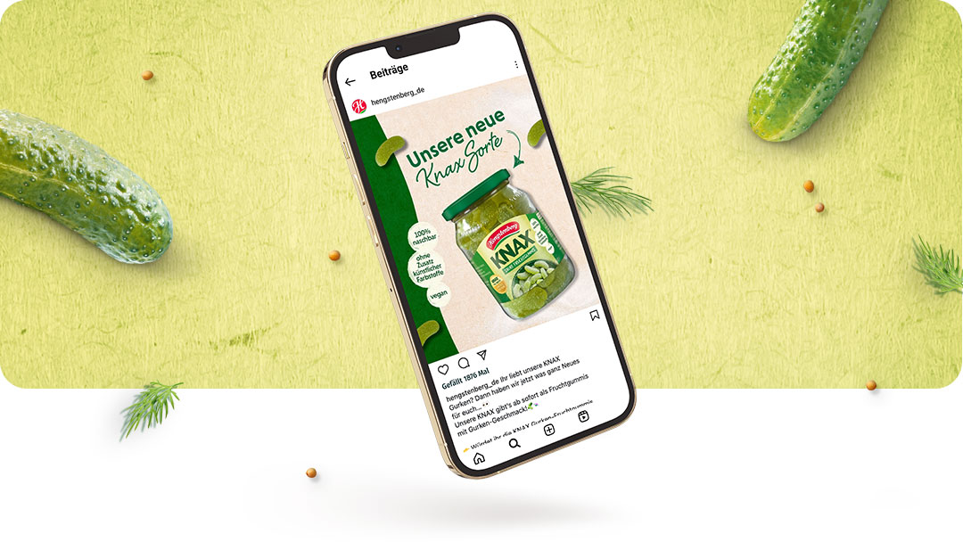 Social-Media-Mockup zur Ankündigung der neuen Hengstenberg Knax Fruchtgummi-Sorte auf Instagram