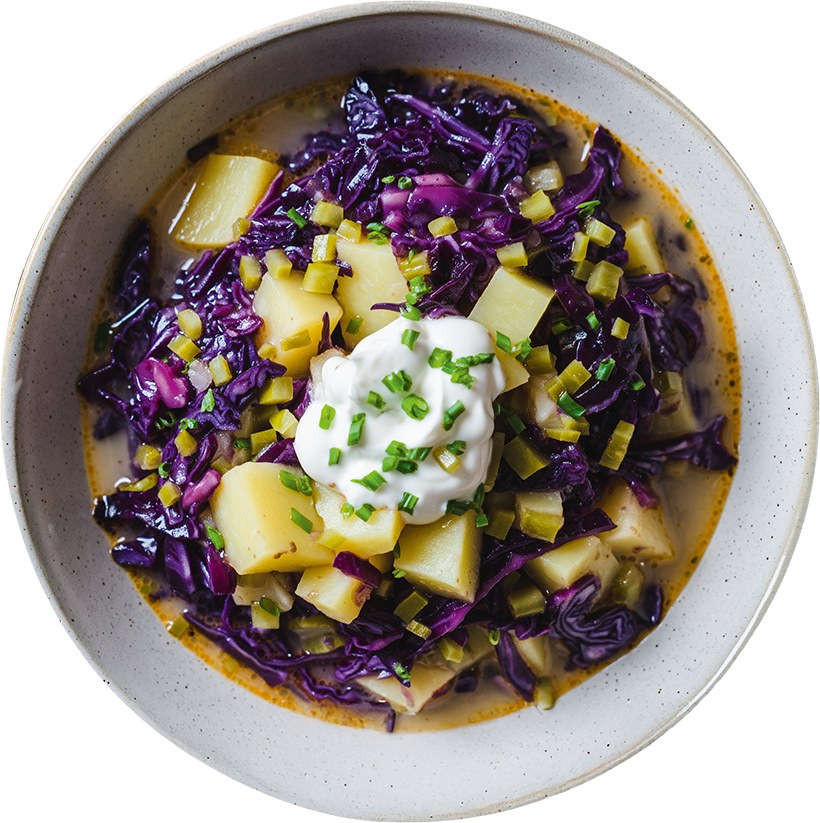 Deftiger Kartoffel-Rotkohl-Eintopf mit Essiggurken, einem Klecks Schmand und frischem Schnittlauch in einer Schüssel serviert.